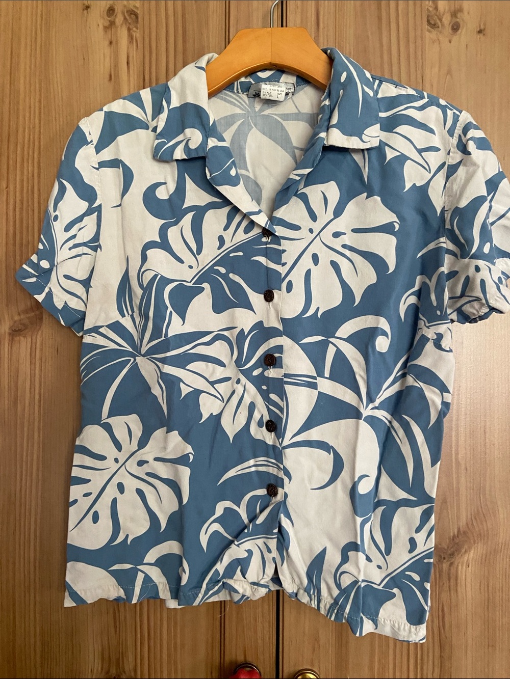 Puanani Hawaiian Blue & White Tropical Print Short-Sleeve Shirt Blouse Kids L